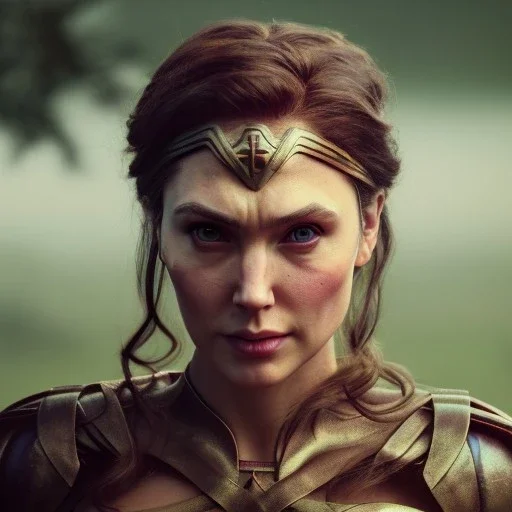 analog style, Celtic goddes, portrait, simmetric eyes, war ambient,queen, wonder woman wearing outfit, ultra realistic photo