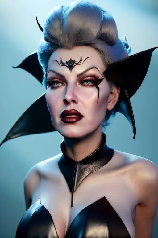Lana Turner as evil queen in black leather, leather, busty, cleavage, angry, stern look. character design by cory loftis, fenghua zhong, ryohei hase, ismail inceoglu and ruan jia. unreal engine 5, artistic lighting, highly detailed, photorealistic, fantasy
