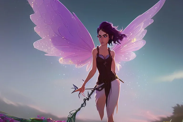 a female fairy flying, sparkly, on a farm