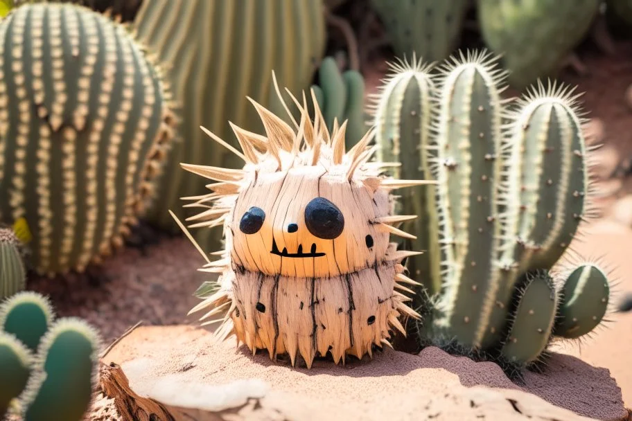 cute cacti creature on driftwood in the flowergarden