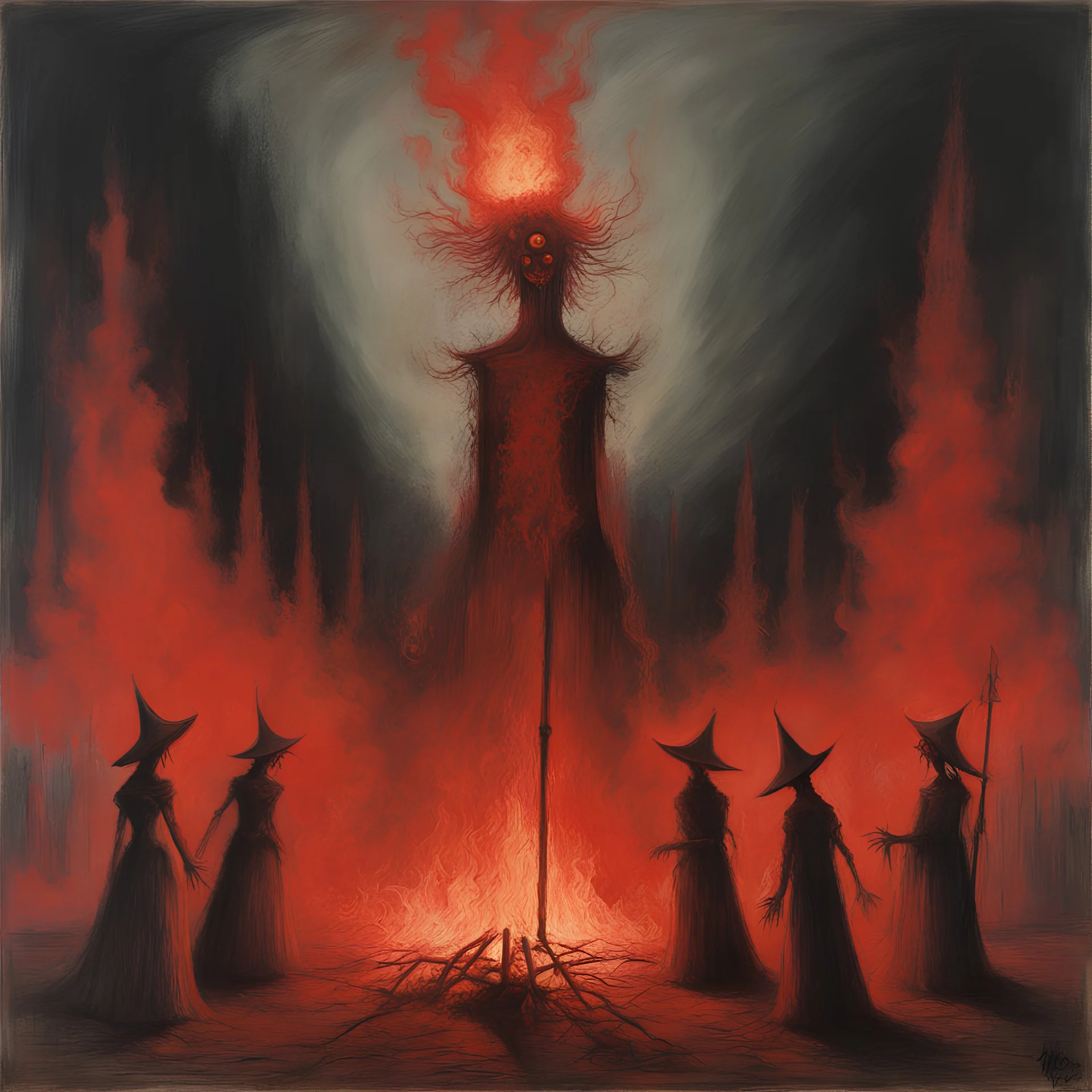 Midnight 18th century burning witches at the stake, dramatic, horror, by Jonathan Meese and Zdzislaw Beksinski, 2D loose stroke oil painting, scary crimson hues, impressionism