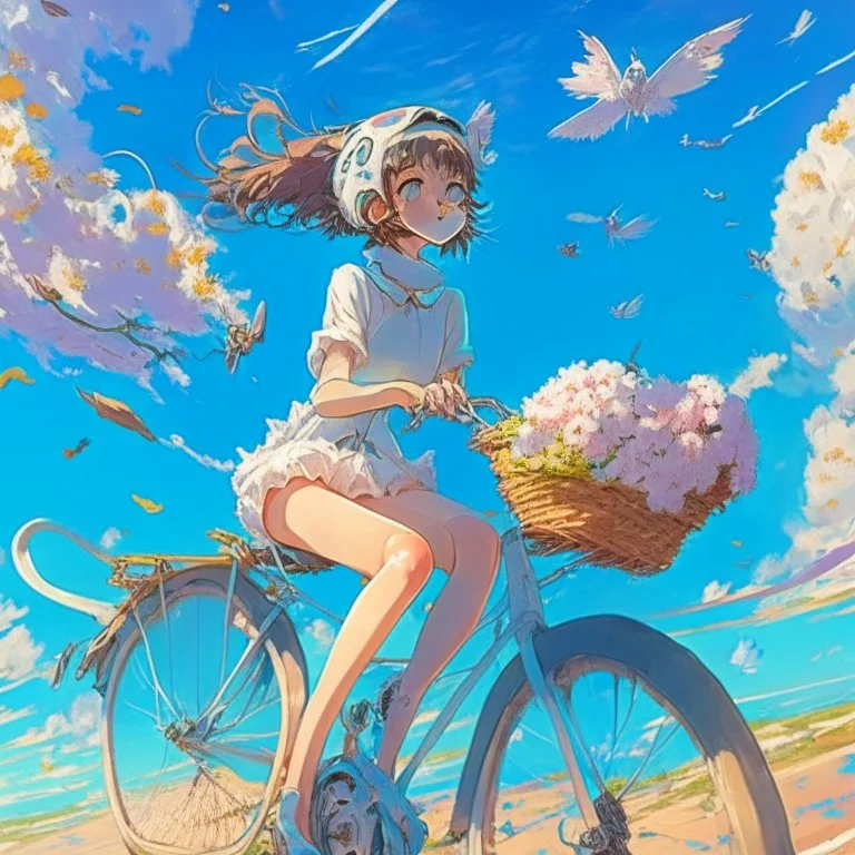 A girl is riding a bicycle on the beach. His cat is sitting in the front basket of the bicycle. Spring flowers can be seen everywhere. Beautiful blue sky with white clouds - kites in the sky. sense of peace. digital art, anime, 8k, full details, colorful, high resolution