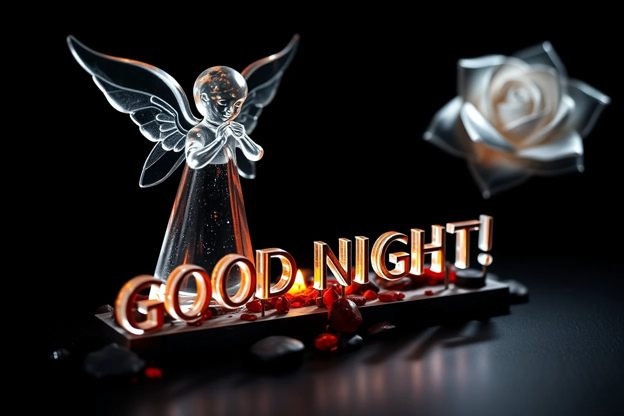 átlátszó üveg angyal és üvegrózsák parázson, fekete háttér, 3D, 4K, sharp focus, ethereal, cinematic postprocessing, sign "GOOD NIGHT!", a felirat sejtelmes árnyékot vet