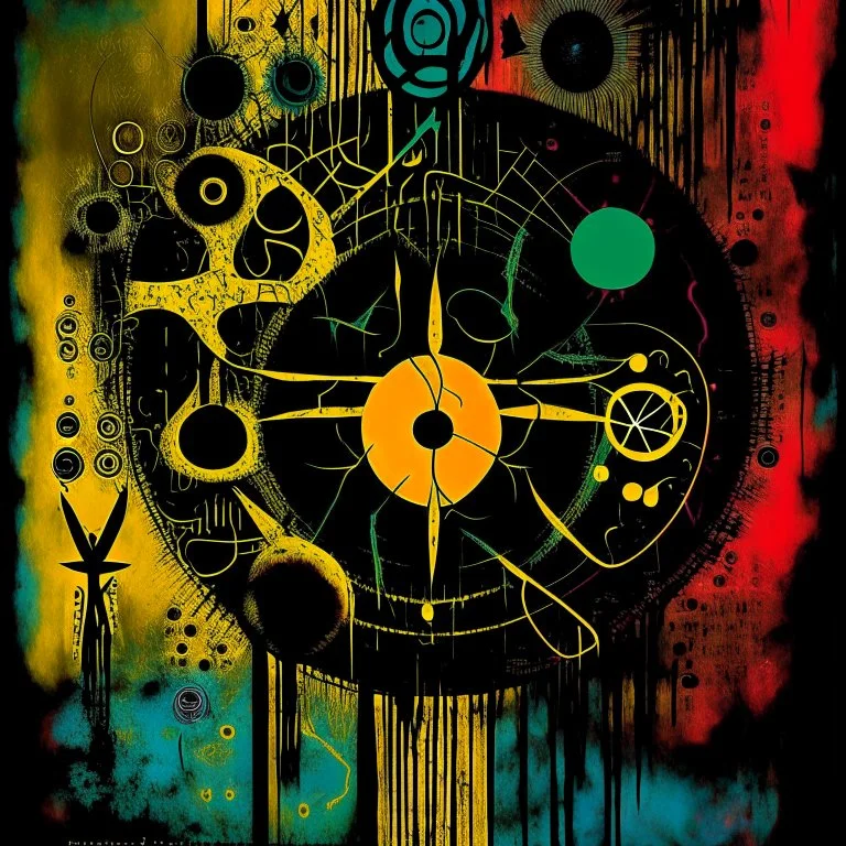 Lovecraftian precise geometries defined by (N(t)=N0​⋅e−kt), violent colors, harsh contrast, abstract surreal art, by VS Gaitonde and Ray Johnson and Dave McKean, mind-bending illustration, Braille code glyphs, UV x-ray warm colors, dark background, Sharp Contrast, dynamic circles, green hues