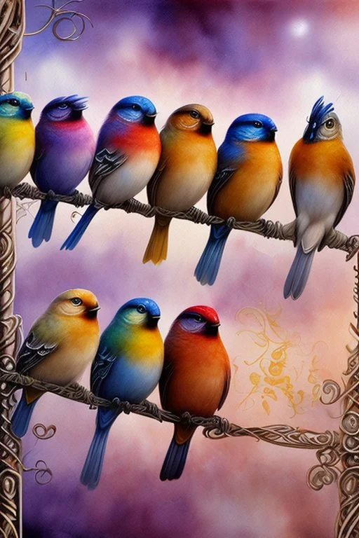 A captivating watercolor illustration featuring six exquisitely rendered birds perched gracefully on a wire. Each bird exhibits a unique color palette, from the rich browns and grays to the bold blues, reds, and yellows, culminating in the enchanting purple hue. The composition emphasizes the birds' side profiles, creating a dynamic visual effect. Their vibrant plumage beautifully contrasts against the pristine white background, resulting in a harmonious blend of nature and color that captivates