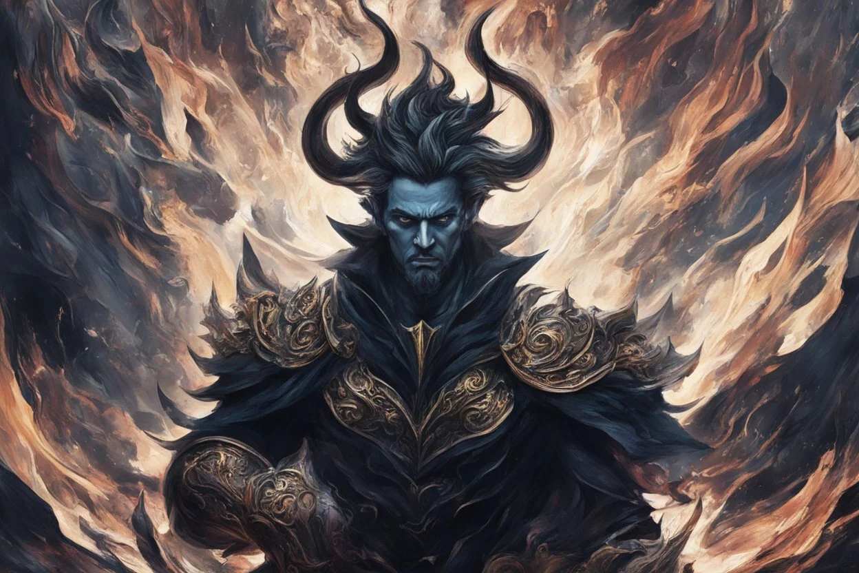 A visually striking and abstract representation of Hades, utilizing deep hues and complex shapes to evoke the mythical and godly aspects of his character, (visually striking abstract representation:1.4), (Hades, the mythical god:1.5), (deep hues and complex shapes:1.3), (expressive and godly ambiance:1.2), drawing inspiration from abstract interpretations of classical mythology