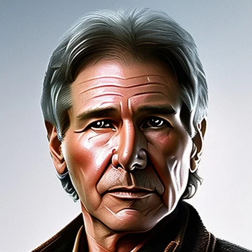 stunning photo realistic head to waist portrait of harrison ford as han solo in star wars with photo realistic short hair by alice zhang,Sam Spratt, Yi Fan, Houston Sharp, Matija Obrovac, Sharp focus, brown eyes, realistically naturally weathered and rough skin,space jacket from star wars, octane render, intricate