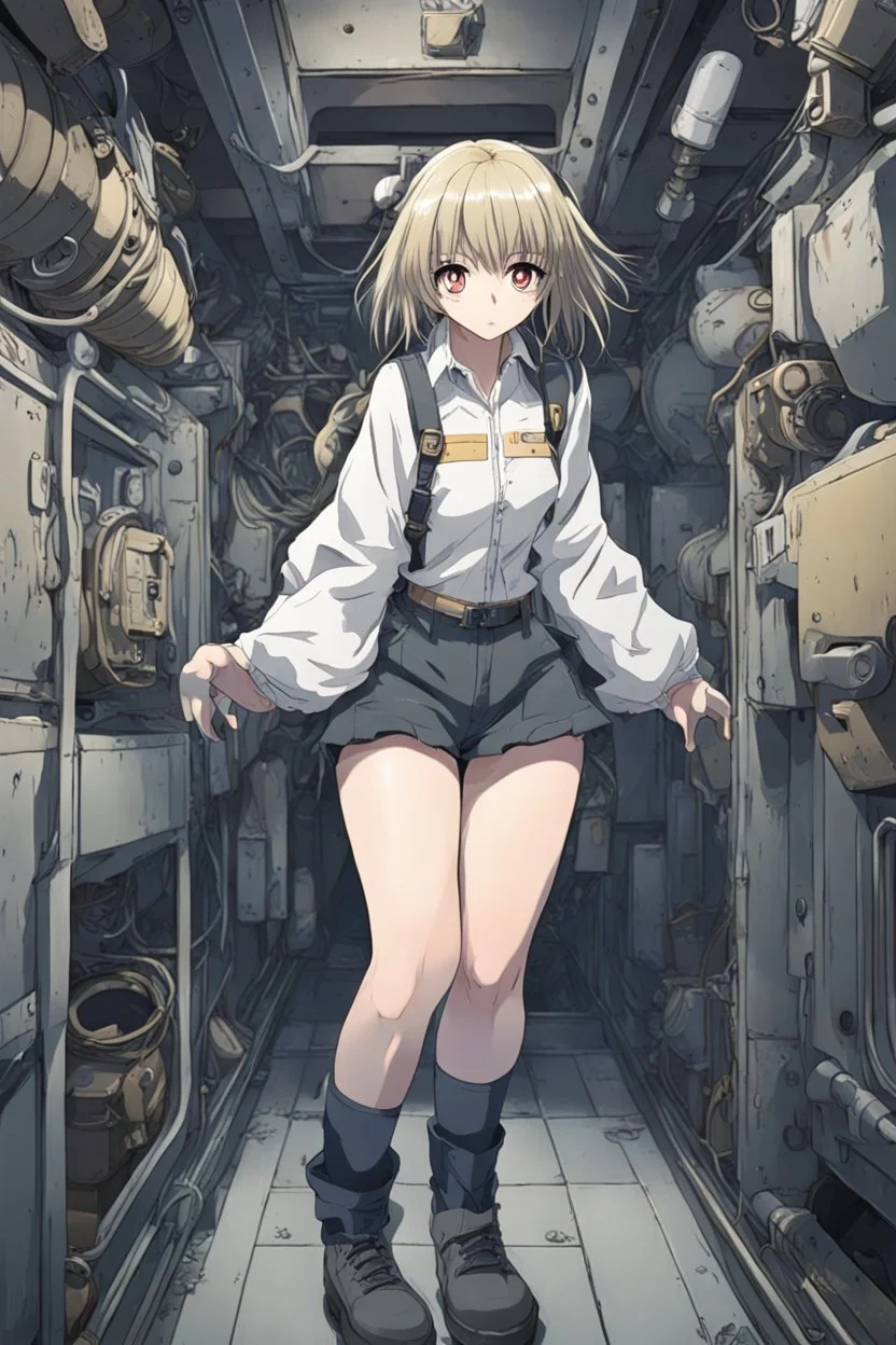 Anime girl crushed inside claustrophobic really, in diesel engin room of the ship,