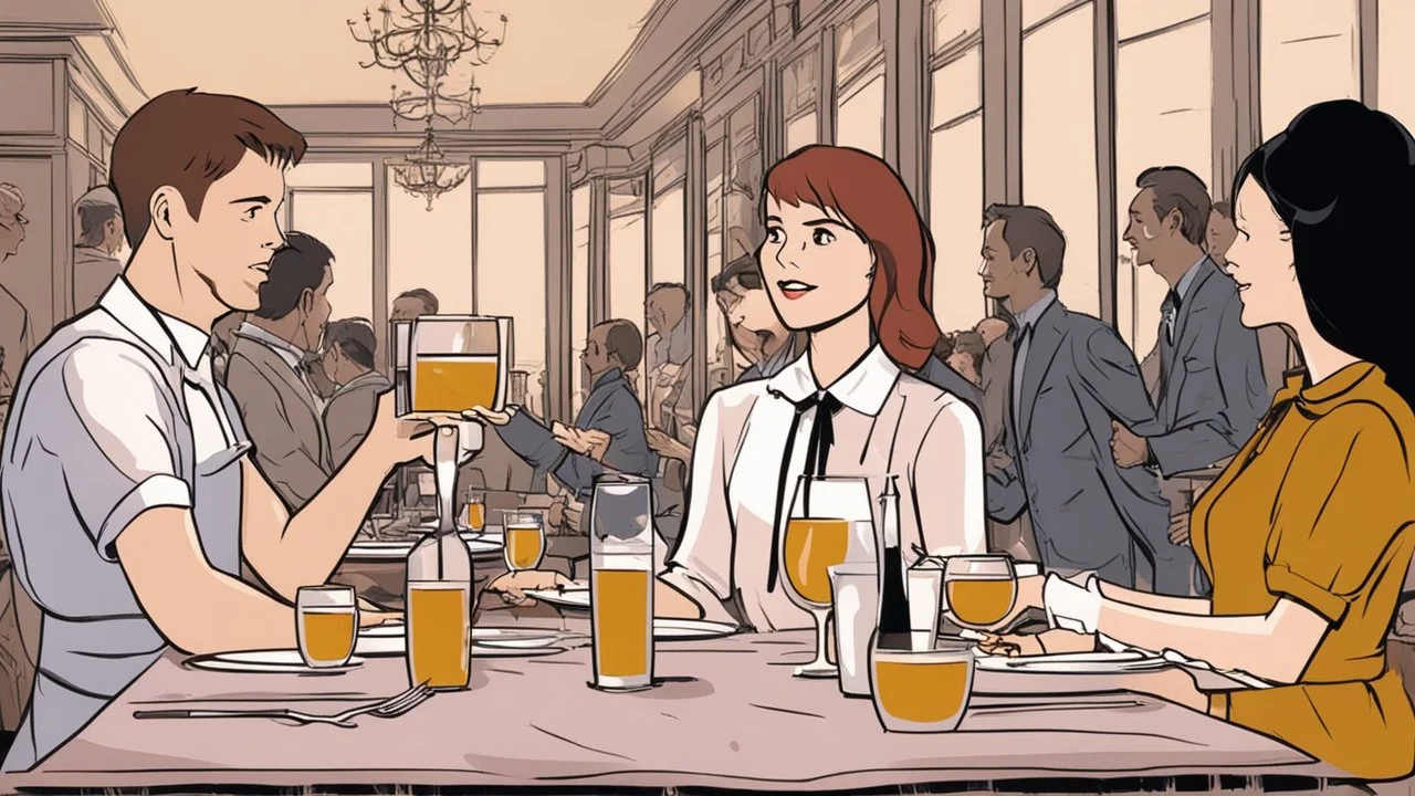 A girl waiter in a restaurant and a man and his lady at a table