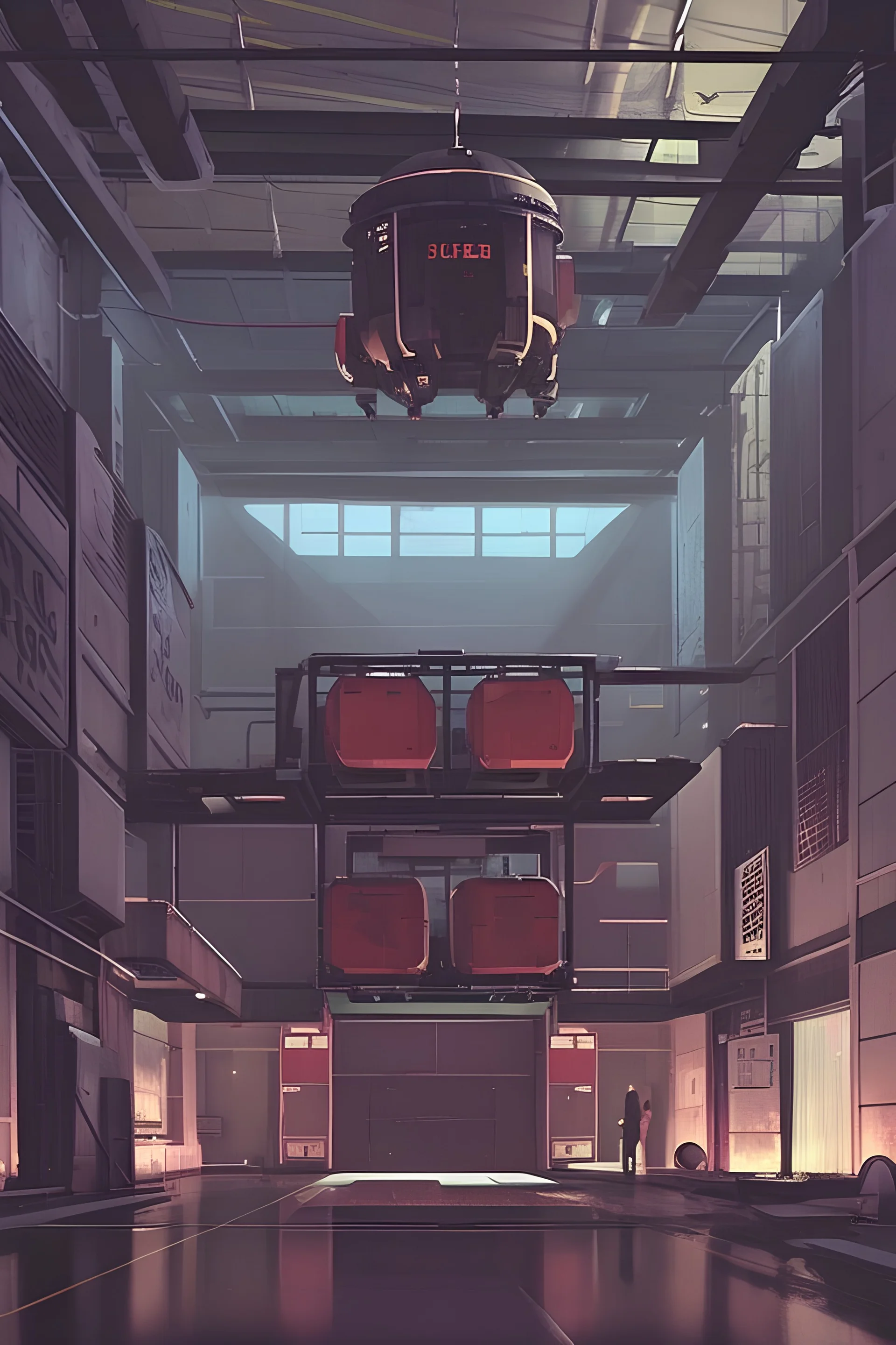 a scifi hanger with crates on the ceiling and floor and walls