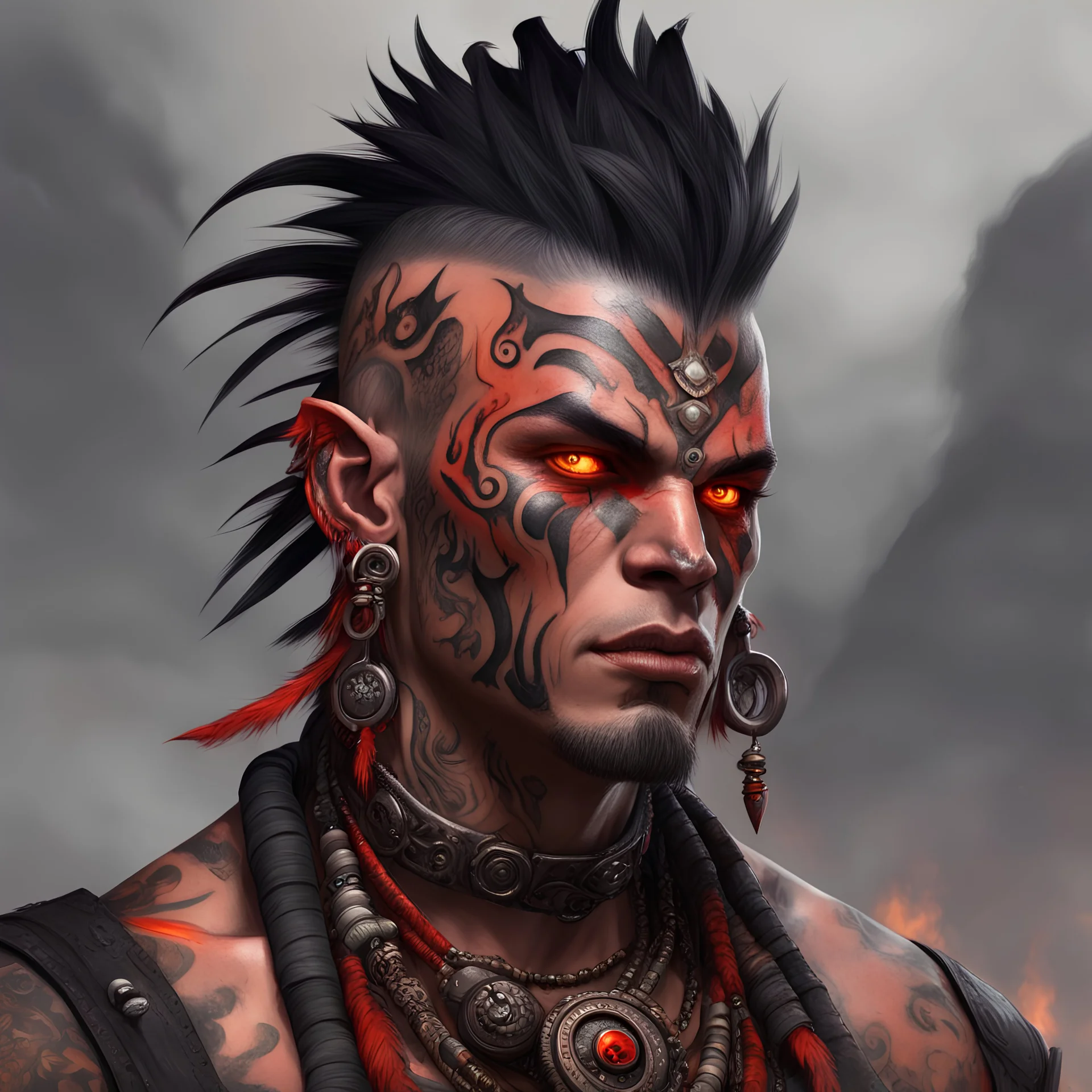 fantasy character, human shaman, male, in his thirties, dressed in leathers and belts, lots of face piercings, ear plugs piercings, tribal look, lava face markings, face tattooes, tribal tattoes, short mohawk hair, fire-red eyes, digital art