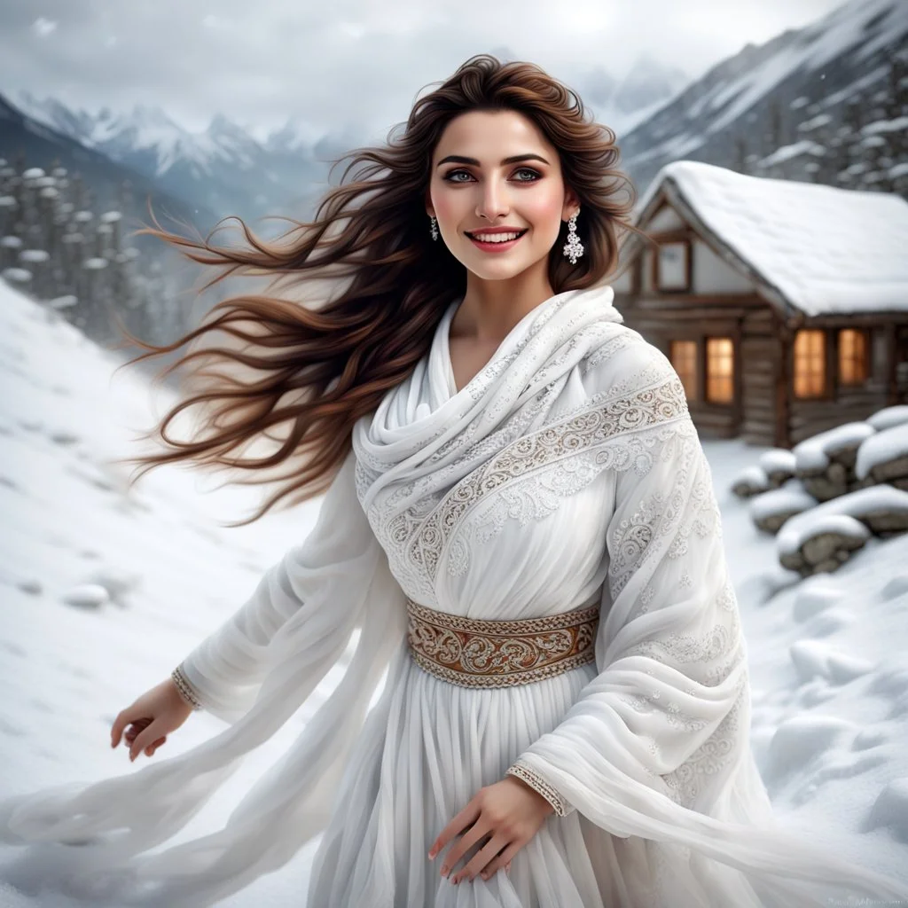 Hyper Realistic Photographic-View Of Young Beautiful Attractive Pashto Woman with Beautiful Eyes, & Lips Wearing-White-Dress With White-Embroidery-Along-with-white-shawl happily-whirling-&-Smiling in snowfall on an icy-mountain-top with a cottage-behind-her a cloudy day showing dramatic & cinematic ambiance.