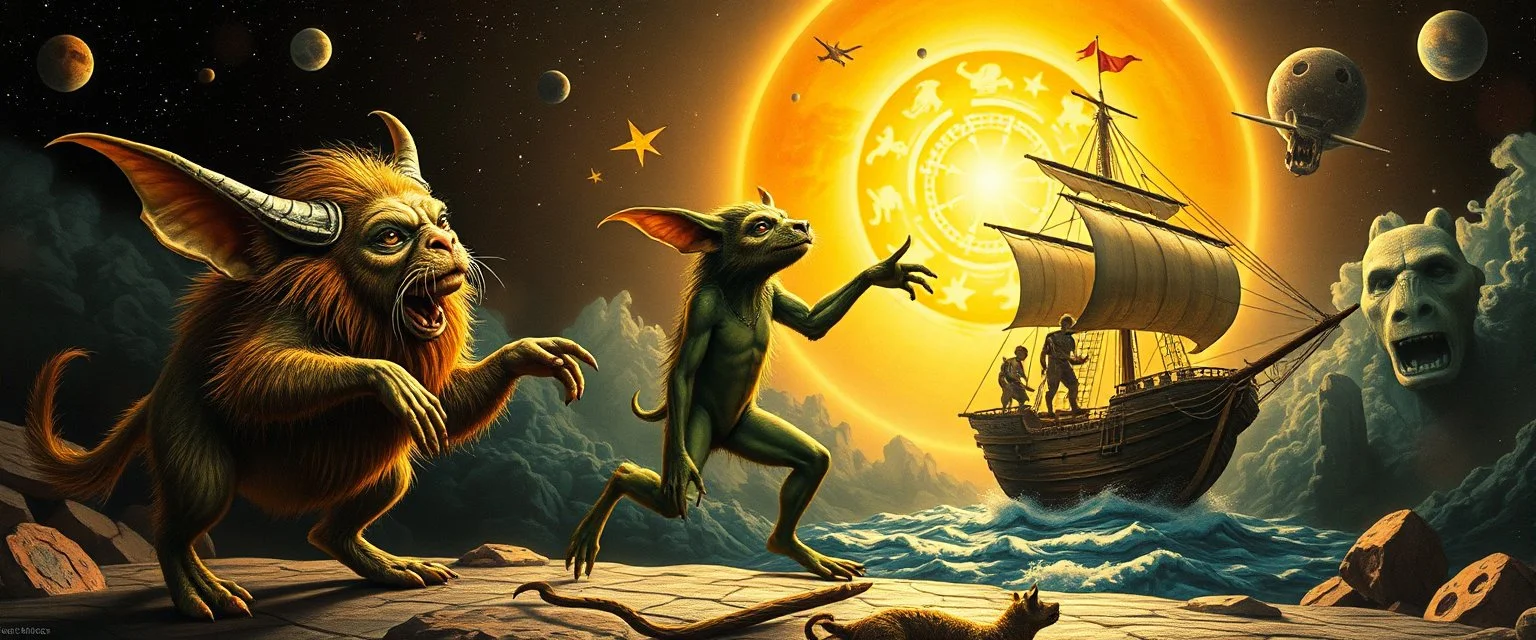 gremlin dog bison badger star ship captain dancing in the style of Rembrandt and Escher and Goa Trance Poster
