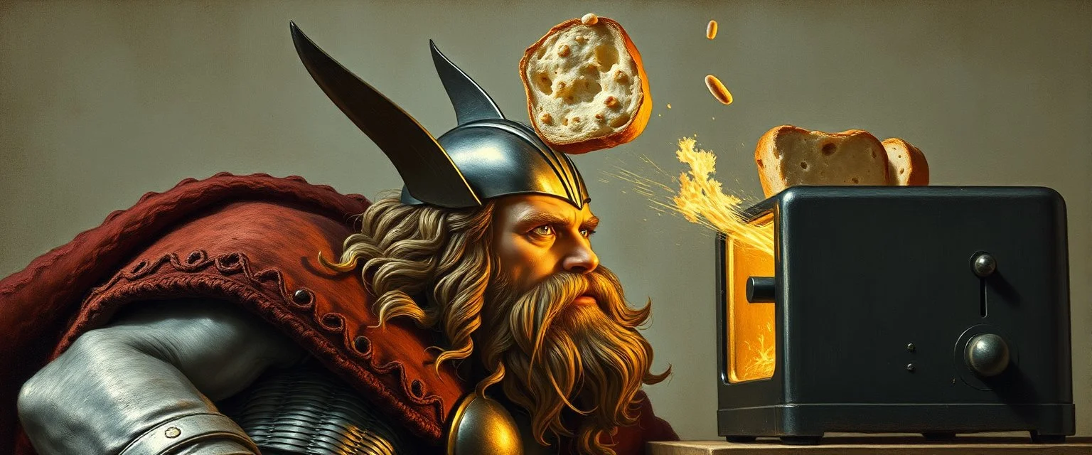 The mighty God Thor sees the toaster spit out some bread. The bread is jumping over his head. In the style of Rembrandt and "Gods of Fallout 4"