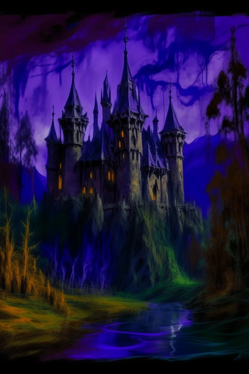 A dark purple haunted vampire castle with ghosts painted by Claude Monet