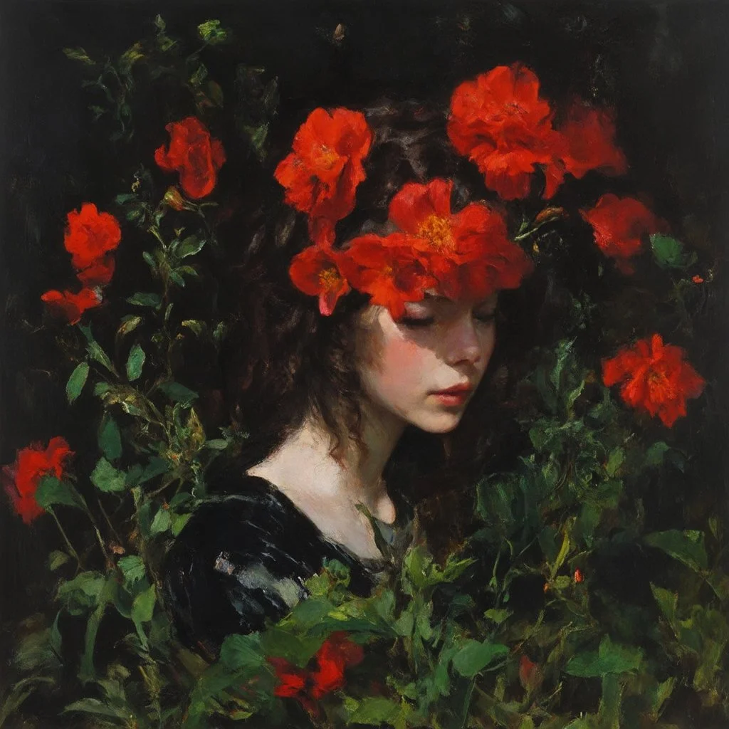 Red flowers, vegetations, forest, doom, creepy, gloomy, gothic dark influence, john singer sargent paintings, and berthe morisot paintings