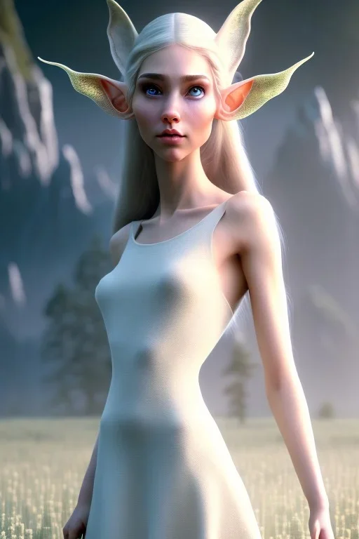 elven young woman, wearing light dress, happy expression, visible ultradetailed armonious cute femine face, visible ultradetailed body, luminous weather, field in the mountains, ultra realistic, concept art, intricate details, highly detailed, photorealistic, octane render, 8 k, unreal engine, art by artgerm and greg rutkowski and charlie bowater and magali villeneuve and alphonse mucha