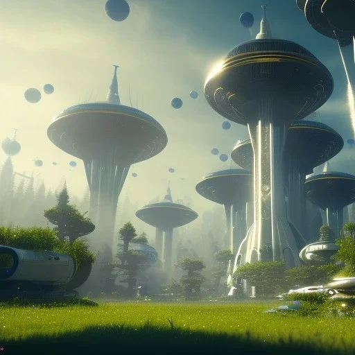 Spaceship landed on futuristic planet, sunny day. clear blue sky, cascade; trees. Elegant. Extremely detailed. Award winning photography. Fantasy. 8k. Cinematic lighting. Photorealistic. Dynamic lighting. Imperial colors. Crisp quality. Unreal Engine. Colourful cinematic postprocessing. Pixar. VRay.