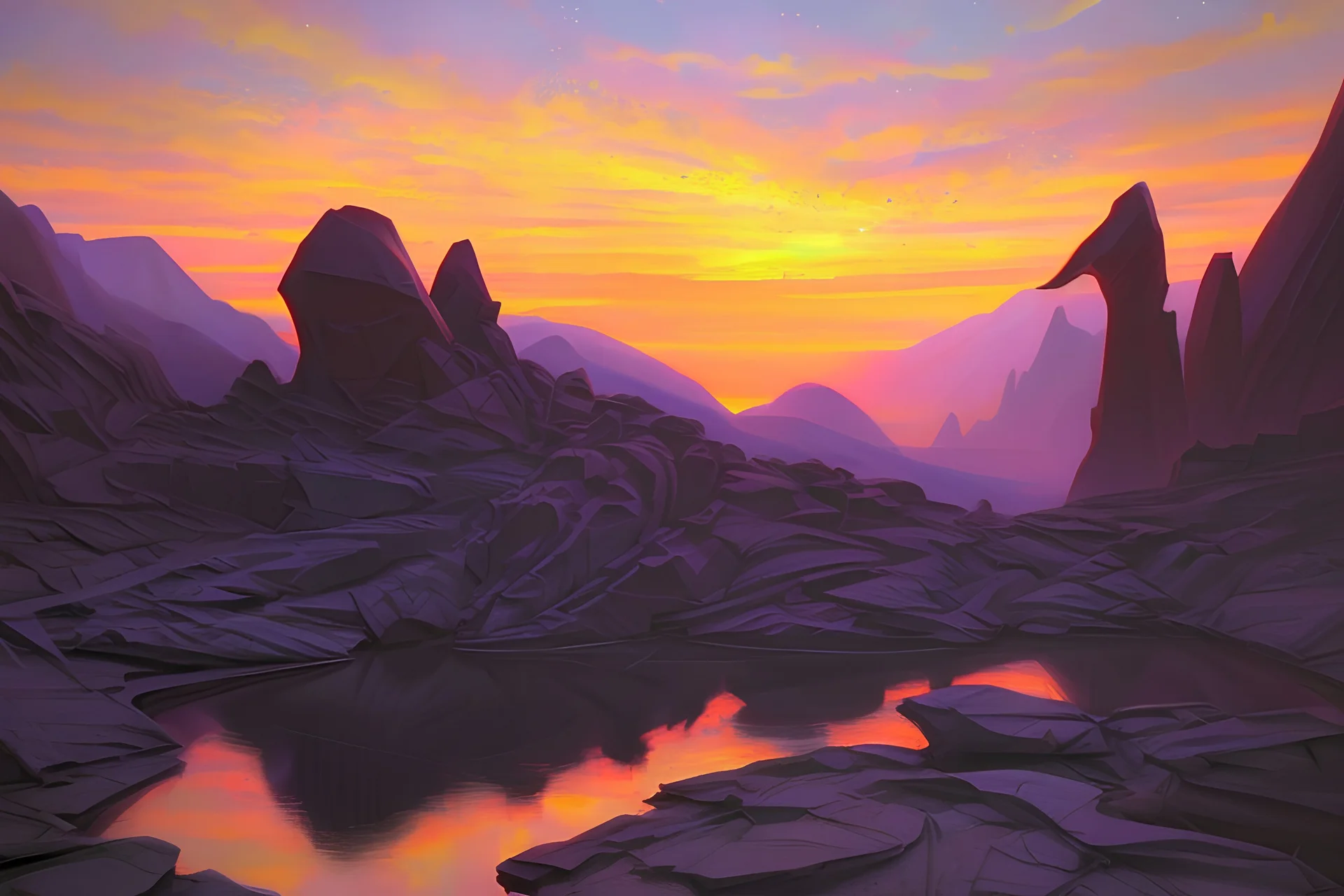 Beautiful epic sunset, logan's run 1976 movie influence, cosmic, people, rocks, river, flowers, very epic and philosophic, otto pippel impressionism paintings