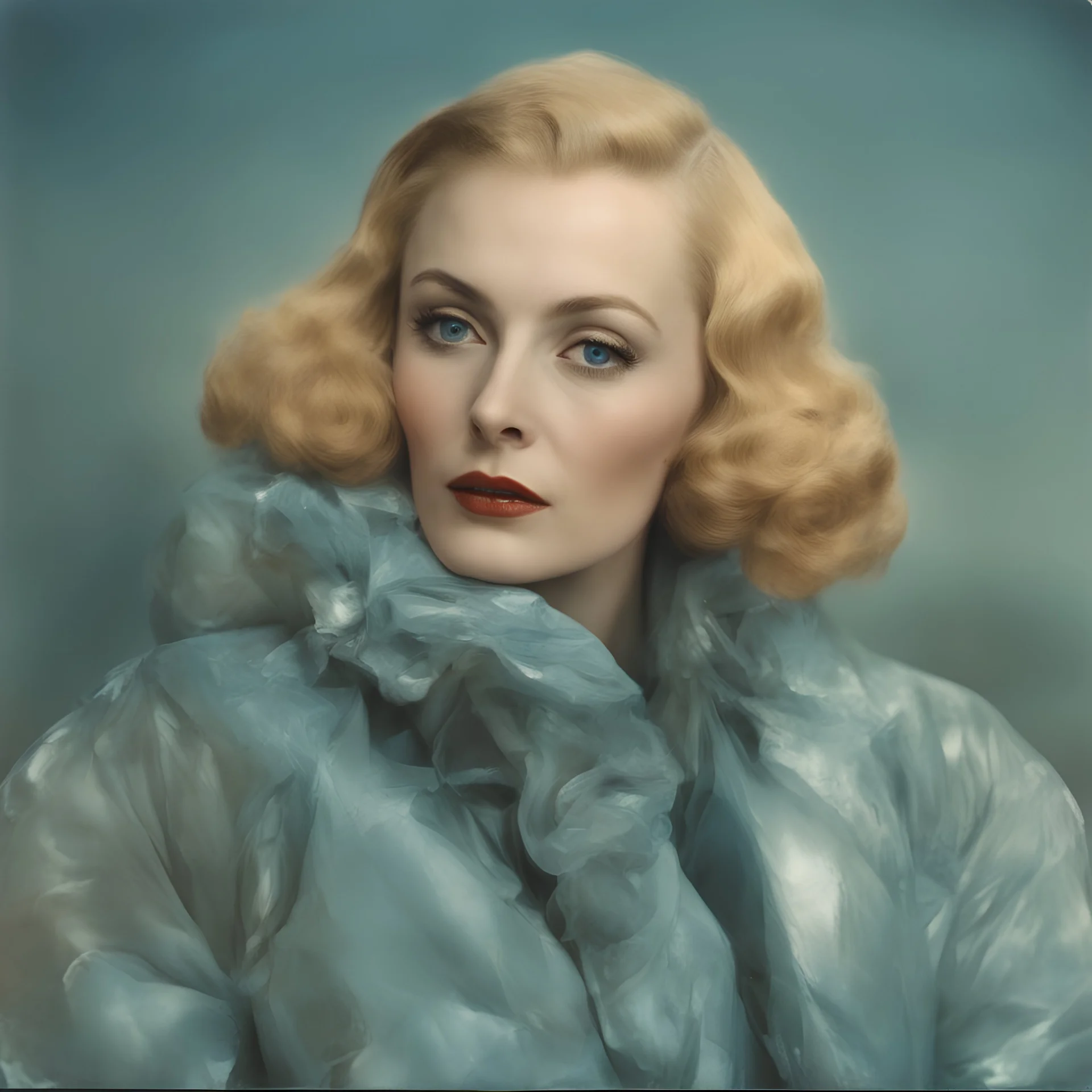 Actress carole lombard , blue, autochrome, plastic puffy jacket