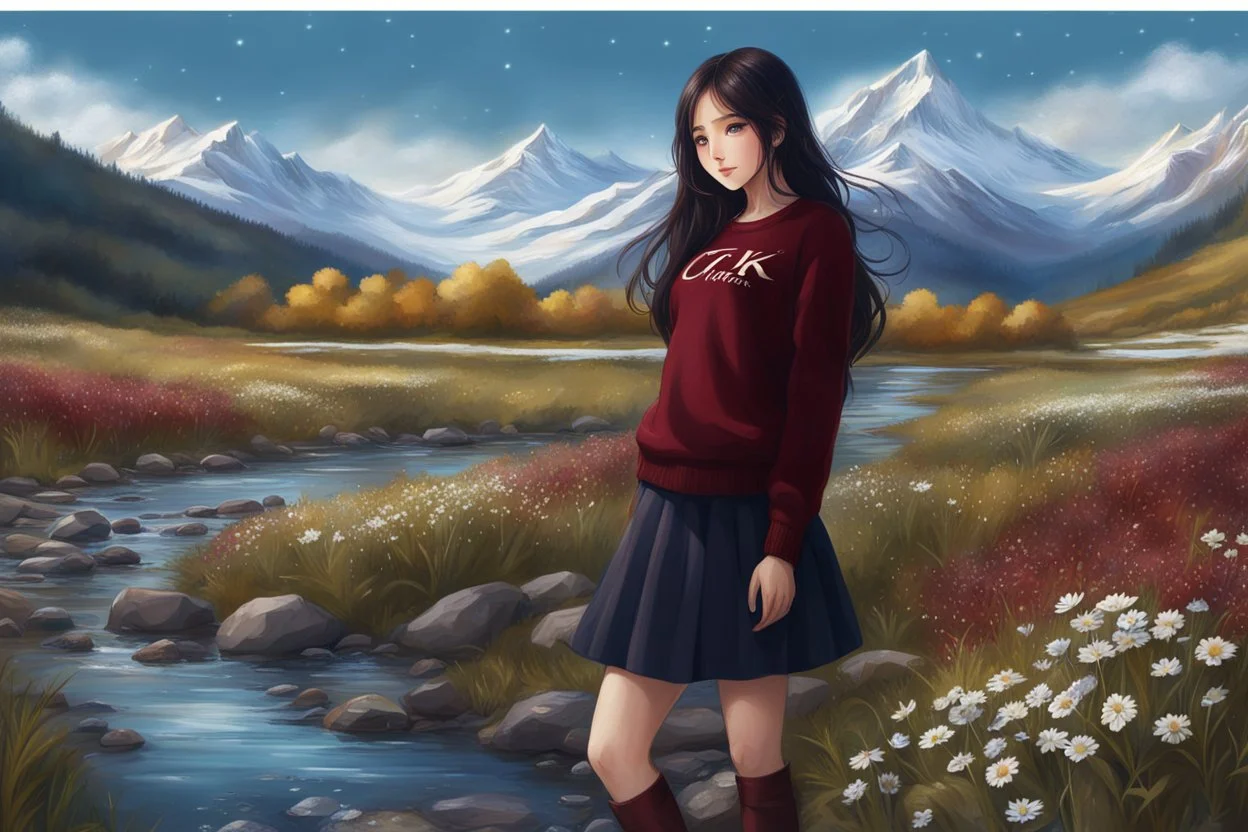 country side ,blue sky , snow on mountains, pretty clouds ,small rocky river with clear water small rocks in floor,wild flowers,beautiful Snow White, long shiny black curvy hair, wearing a burgundy sweater with the word TURK GIZI written on it, in gold, work clothes, standing, super realistic Fairy lights, intricate detail, texture, depth, vividness, movement, namex, energy, bioluminescence, stunning, epic, ultra-detailed, 8K photography by Miki Asai Macro, close-up, extremely detailed, pop