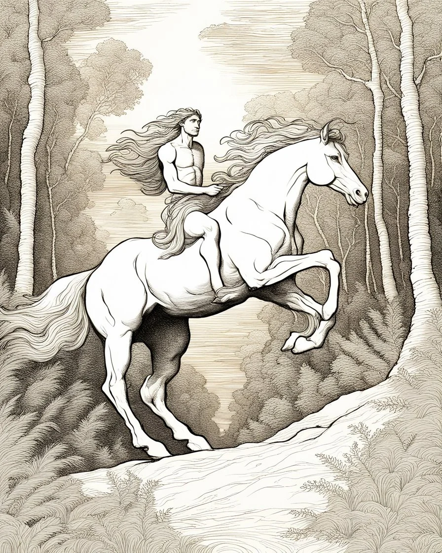 A centaur majestically galloping through the dense forest in the style of gustav dore, fantastical landscape, soft strokes , mythology portrait, classic painting