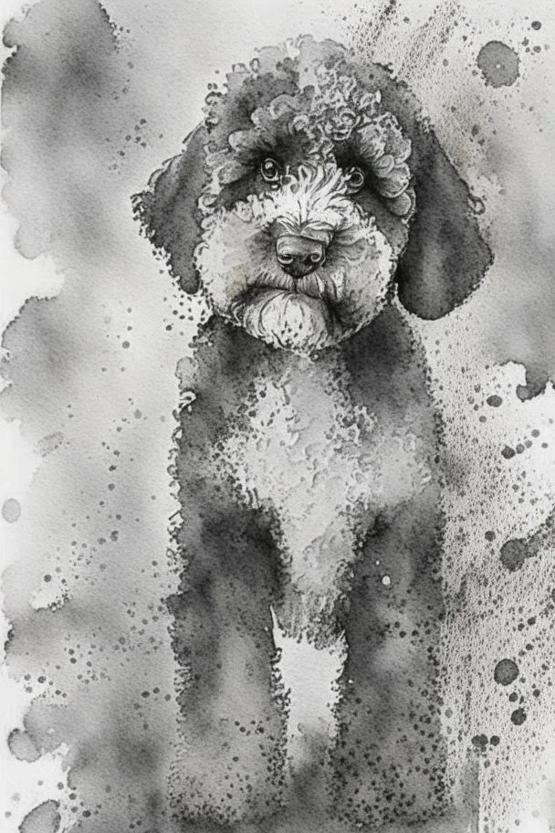 Abstract wet watercolour of a black and white bernadoodle, ink lines, splashy background detailed,focus on eyes, watercolour paper