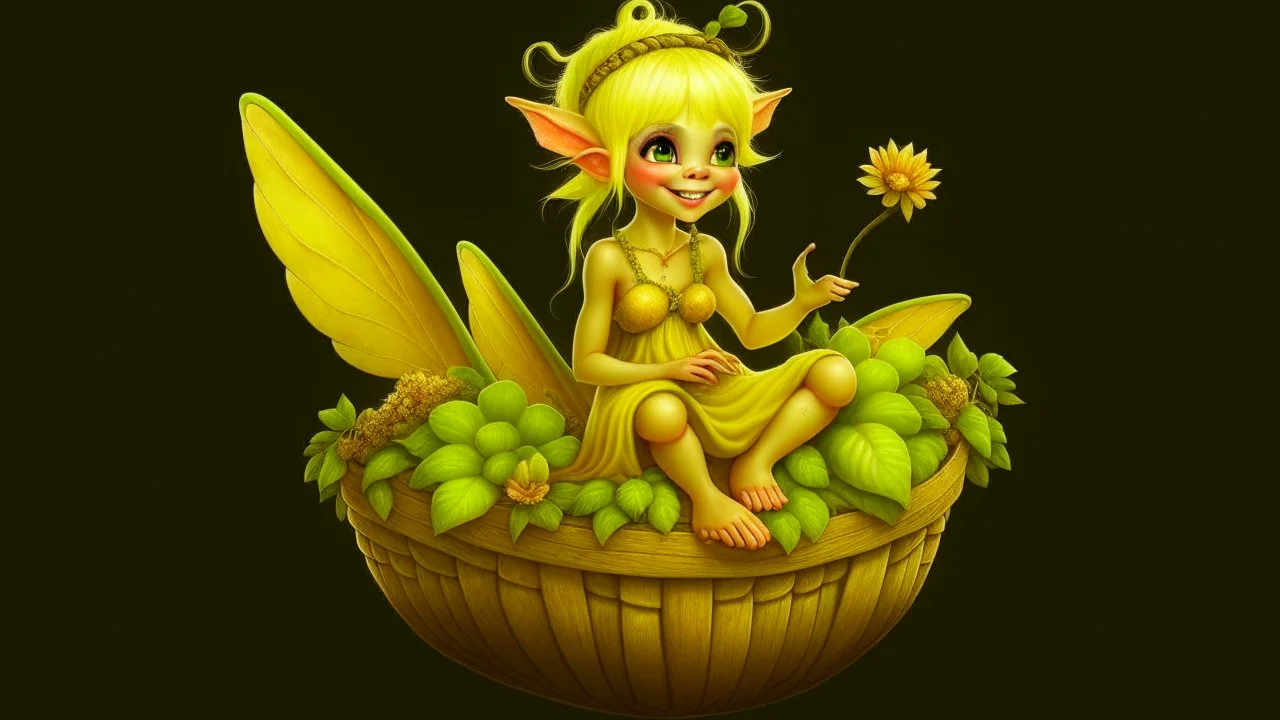 Fantasy art: A small, cute, cheerful fairy with golden hair, sitting in a small basket. The basket is actually an earring on the ear of a big giant.