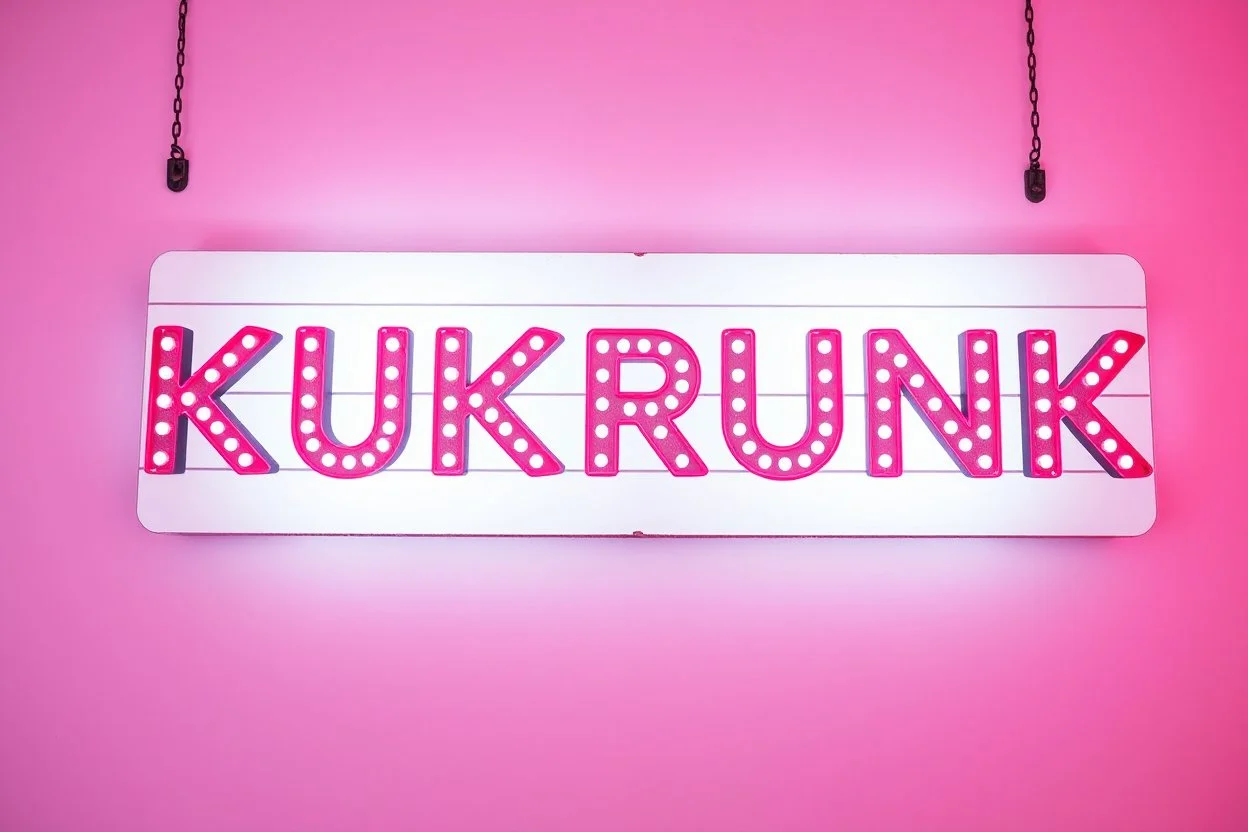 A 1980 disco sign labeled "KUKRUNK" white background and bold 80s font