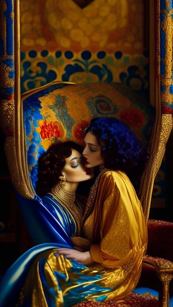 Masterpiece, fine art, award winning, "like Gustav Klimt : the Kiss in a chair" 2 w, RAW photo, eye candy in the style of (petra collins::Robin Eley:1.5), (Suhaila Ben Lachhab::Heidi Moussa:1.5) in breathtaking cinematic shot (full body shot, from below angle) that emphasizes the stunning cheek bones, texturized black hair,(big detailed eyes:1.5) (cottagecore aesthetic:5) with extreme sensuality, Irresistible with (porcelain skin:4.8), sitting on an old chair, retro vintage style