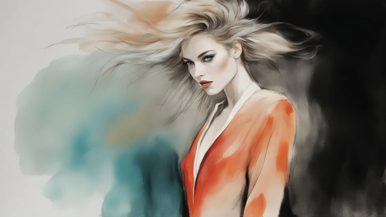 A beautiful danish female fashion model posing in a atonishing movement. a natural, blurry, ABSTRACT Dissolving esvanescence, elegant, stylish, Ralph Steadman fashion drawing style. Tom Ford, Isabel Marant, Raf Simons outfit, voluminous modern new wave hair style, natural makeup. A combination of shape, color and form and volume, that pleases the aesthetic senses, innovation and experimentation, dream and fantasy, surprise. --ar 4:5 --s 250