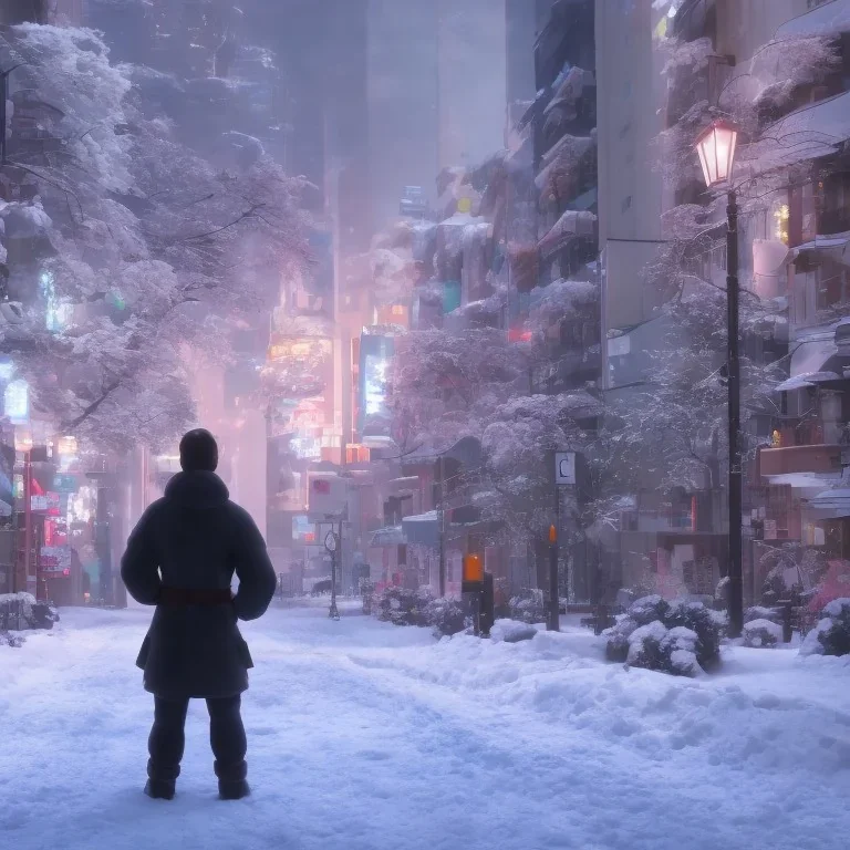 foto tirada por tras de um homem solitário sentado no chão, nas ruas de tokyo, na neve na noite de natal pós apocalipse