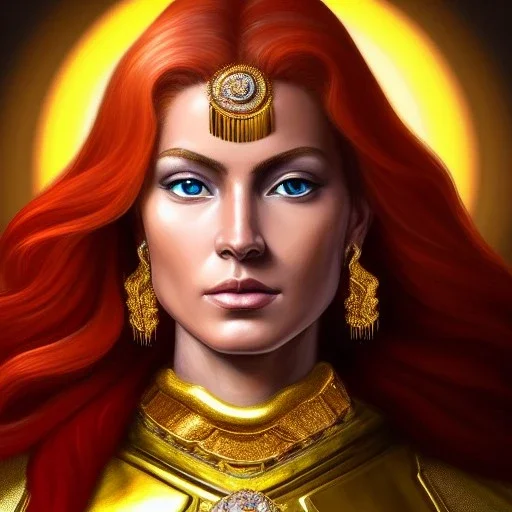 Ultra detailed fullbody Portrait in oil on canvas of beautiful REdhead amazon with Gold aRMOR sAINT SEYA style ,extremely detailed digital painting, extremely detailed face,perfect crystal clear Big Glowing eyes, mystical colors ,perfectly centered image, perfect composition, rim light, beautiful lighting, 8k, stunning scene, raytracing, anatomically correct, in the style of robert e howard and Ken Kelley and Ohrai Noriyoshi and Simon Bisley and tomzj1