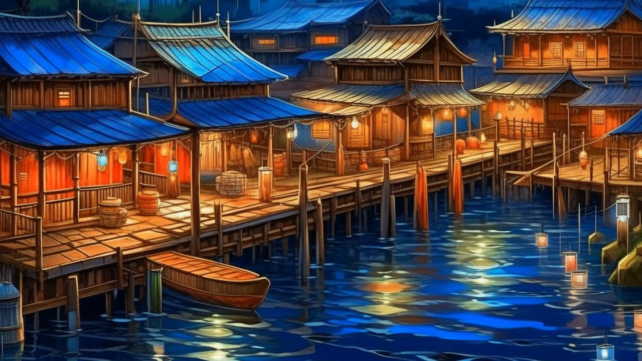 Old stilt village at high tide, warm lights emanating from handcrafted windows, braided rope bridges connecting the dwellings, traditional lanterns reflecting in night waters, fishermen returning in traditional canoes, full moon illuminating the scene, romantic watercolor style