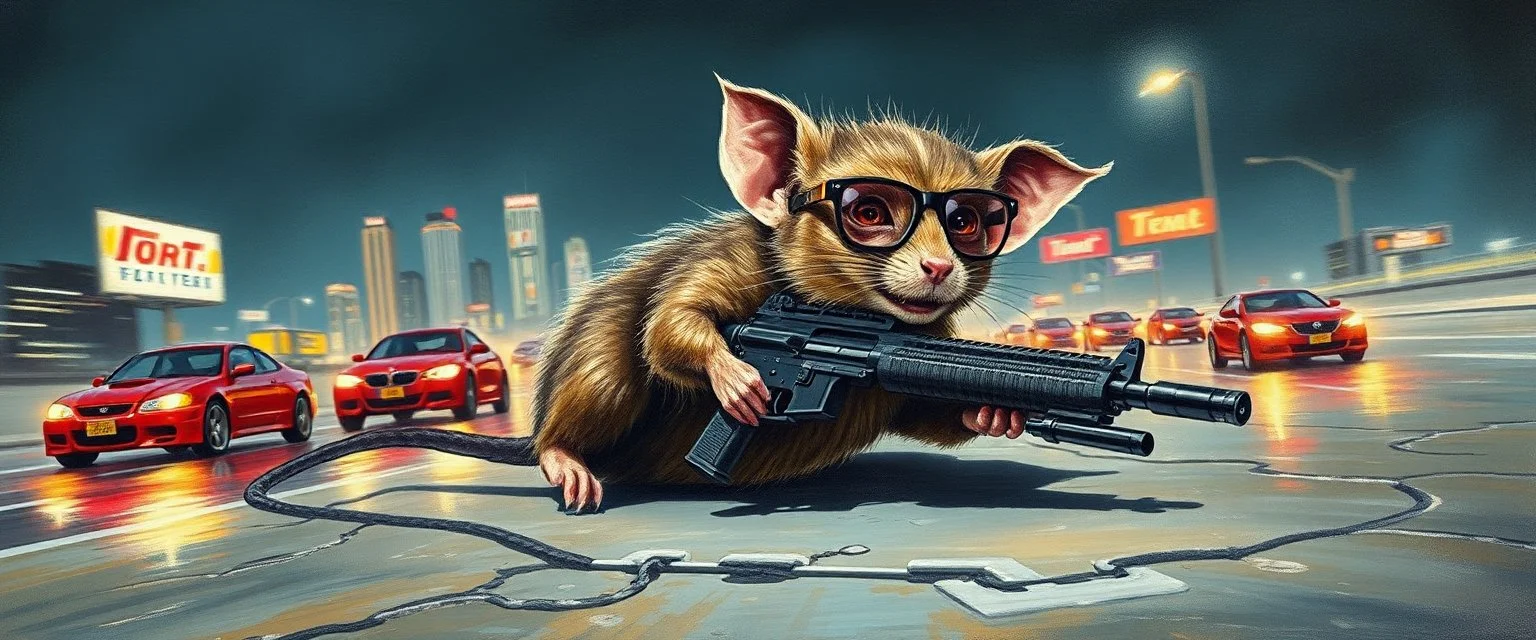master oil painting by Rembrandt, pen outline and airbrush,the tilted quilter,glasses and ticks, cyberpunk imagery synchronized stylized fluffy gremlin wolf rat laying low holding a few guns barely hanging on, drumming kit flat power trike flickering stable core, wet reflective salt flat city, fast motion blur background, translucent tube cars, technocracy mega tv