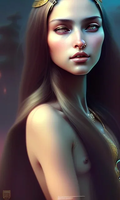 Arab princess , cute, beautiful, long hair, wavy hair, black eyes, head and shoulders portrait, cinematic, 8k, resolution concept art portrait by Greg Rutkowski, Artgerm, WLOP, Alphonse Mucha dynamic lighting hyperdetailed intricately detailed