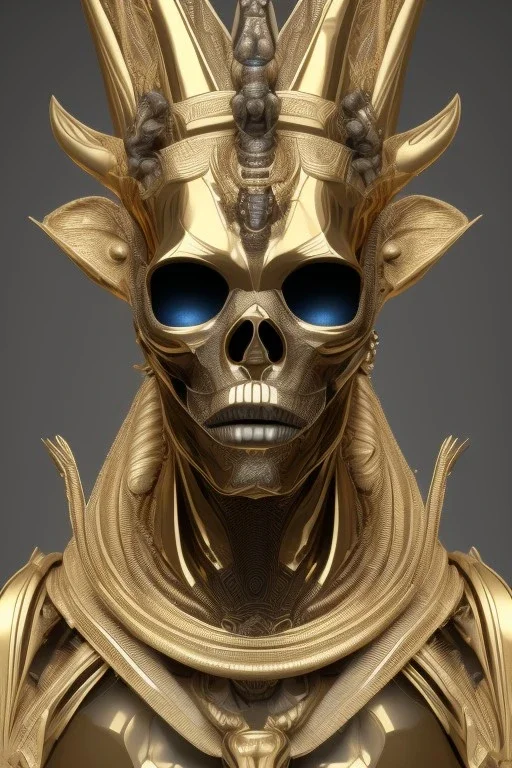 shiny black male African Egyptian alien, cracks in the voodoo head, wicked, eyes, crown, Elephant, 8k, finely detailed, photo realistic, tiger turquoise skull head gold dragon space alien snow skeleton gold horny toad silver crown silver eyes