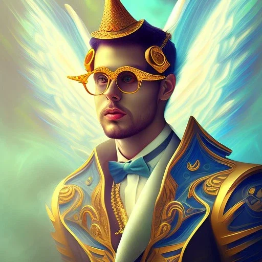 water color and spray painting fantasy art, portrait angel muscleman, dark hair,top hat, wearing golden glasses,bag of tricks, standing in portal to wet forest world from city world,poetry book illustration