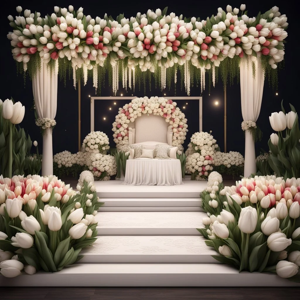 Hyper Realistic Beautiful Traditional Wedding Stage decorated with tulips & White roses at Night