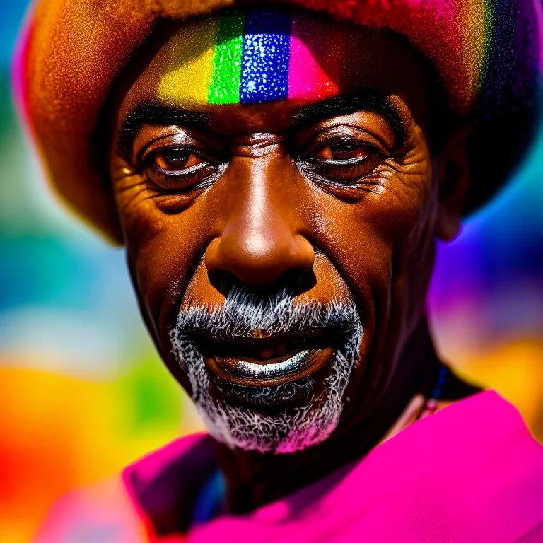 masterpiece, best quality, old man, dark skinned, sparkling eyes, fluorescent skin, colorful makeup, afro, head shot, highly detailed body, sun light, 4K, RAW, depth of field, high contrast, realistic details, 24mm