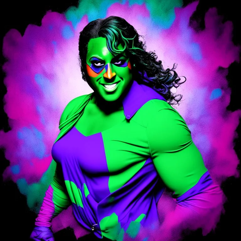 superhero in comic book style, green, purple, blue