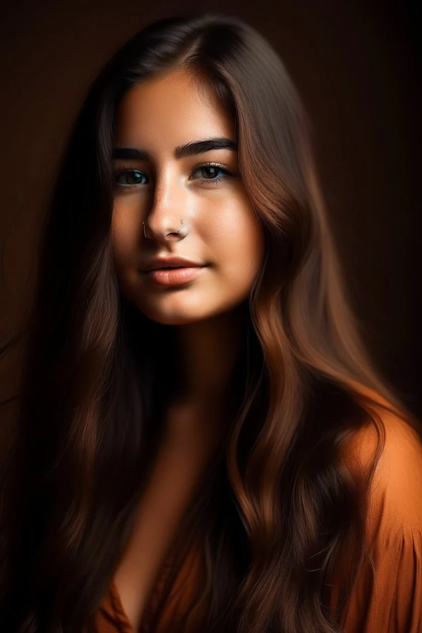 portrait of a beautiful 20 year old woman with caramel skin and long dark hair, curvy body, earthbound, warm-hearted