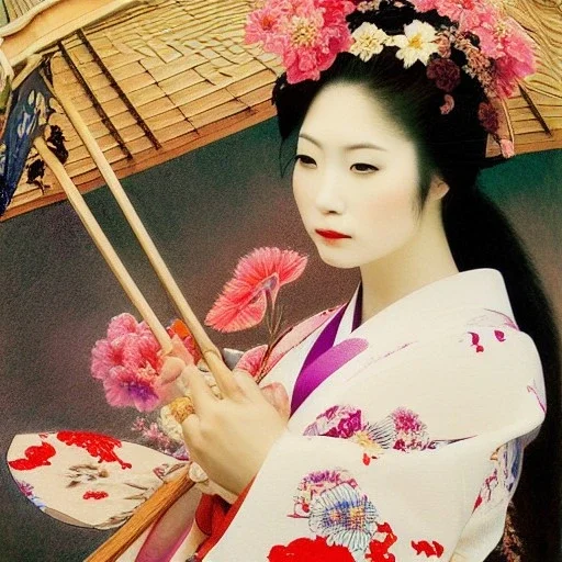 stunning, gorgeous Japanese woman in traditional kimono with flowers and jewels in hair, bamboo umbrella, mist, 8k, high-quality, ultrafine-detail, intricate, oil painting, brian froud, howard lyon, anna dittmann, Greg Rutowski, alphonse mucha