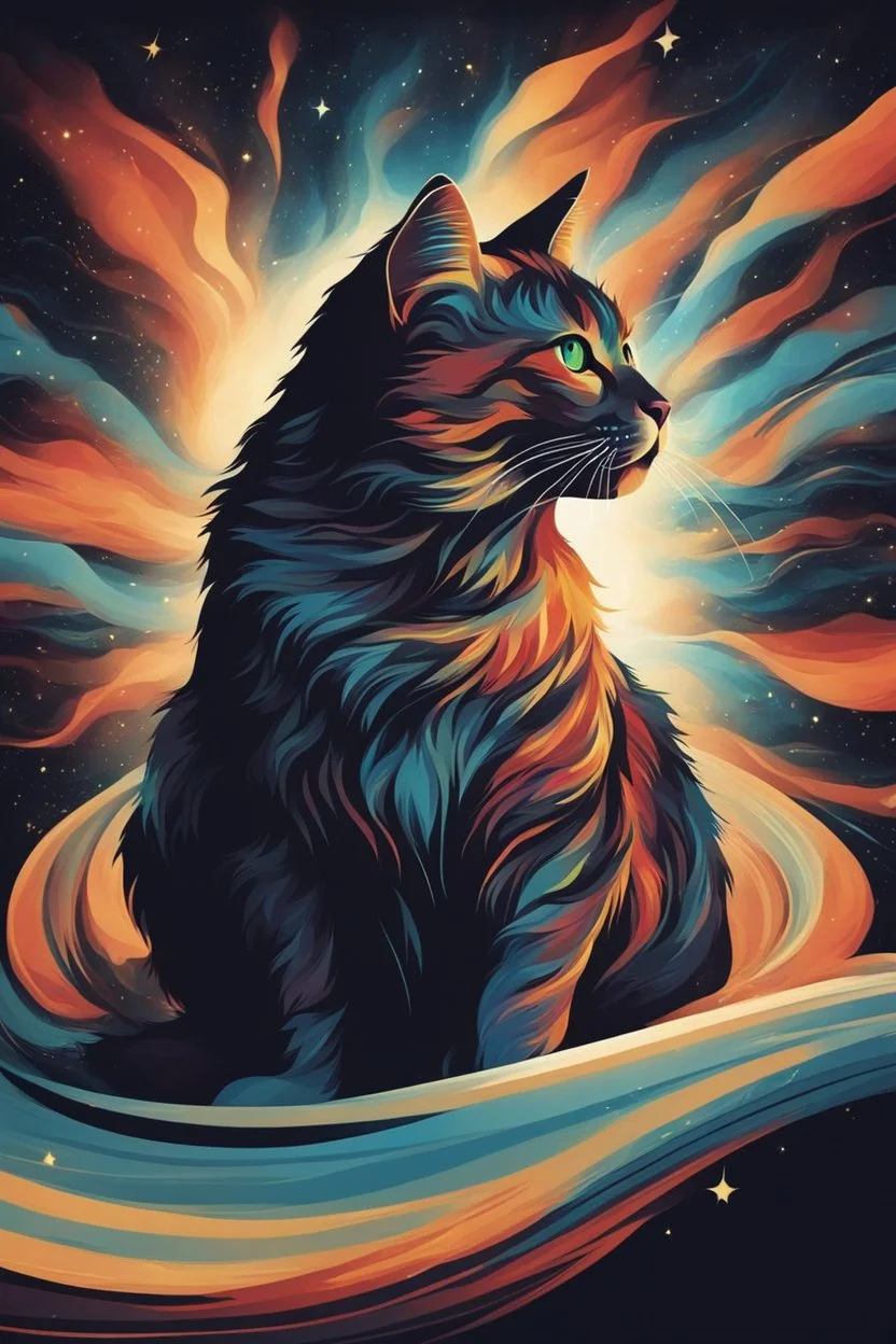 high quality, beautiful and fantastically designed silhouettes of colorful cat due to gravitational waves, beautifully designed wavelengths, very weak vibrations caused by fluctuations in the gravitational field of the universe, wave nature, stretching and compression, by yukisakura, awesome full color,