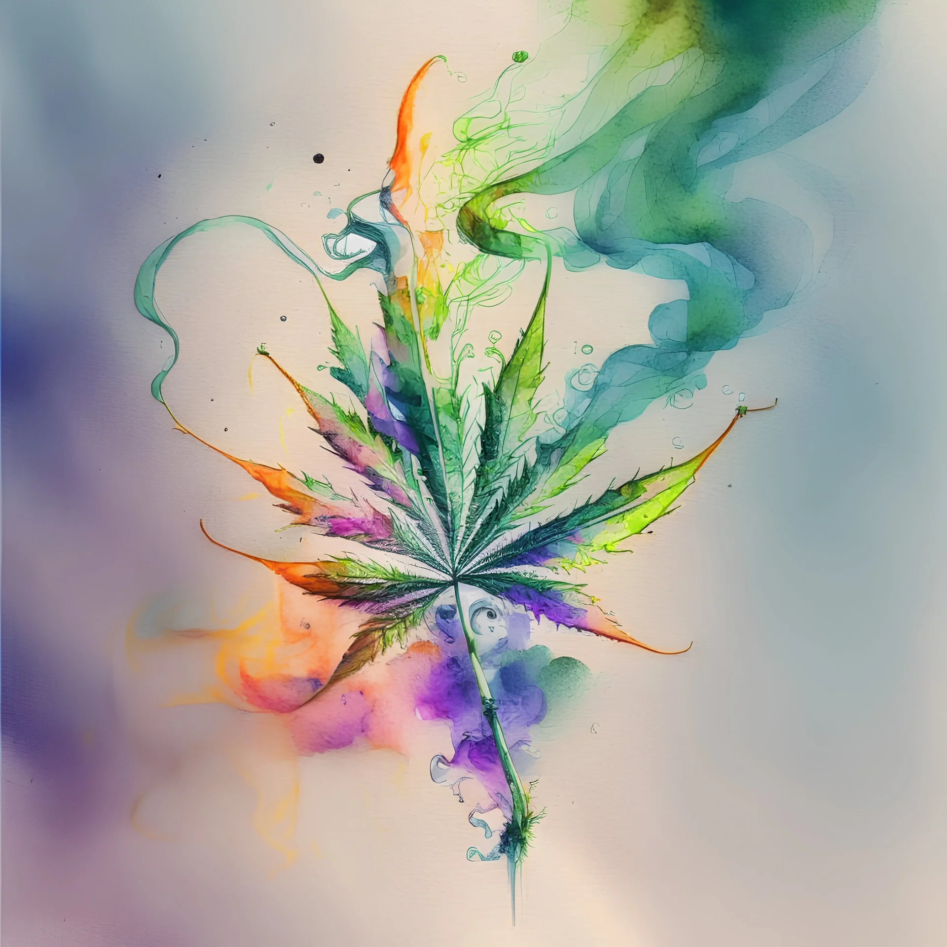 Create a surreal artwork sketch depicting a vibrant cannabis plant emerging from a cigarette, with smoke tendrils intertwining around it. watercolour sketch