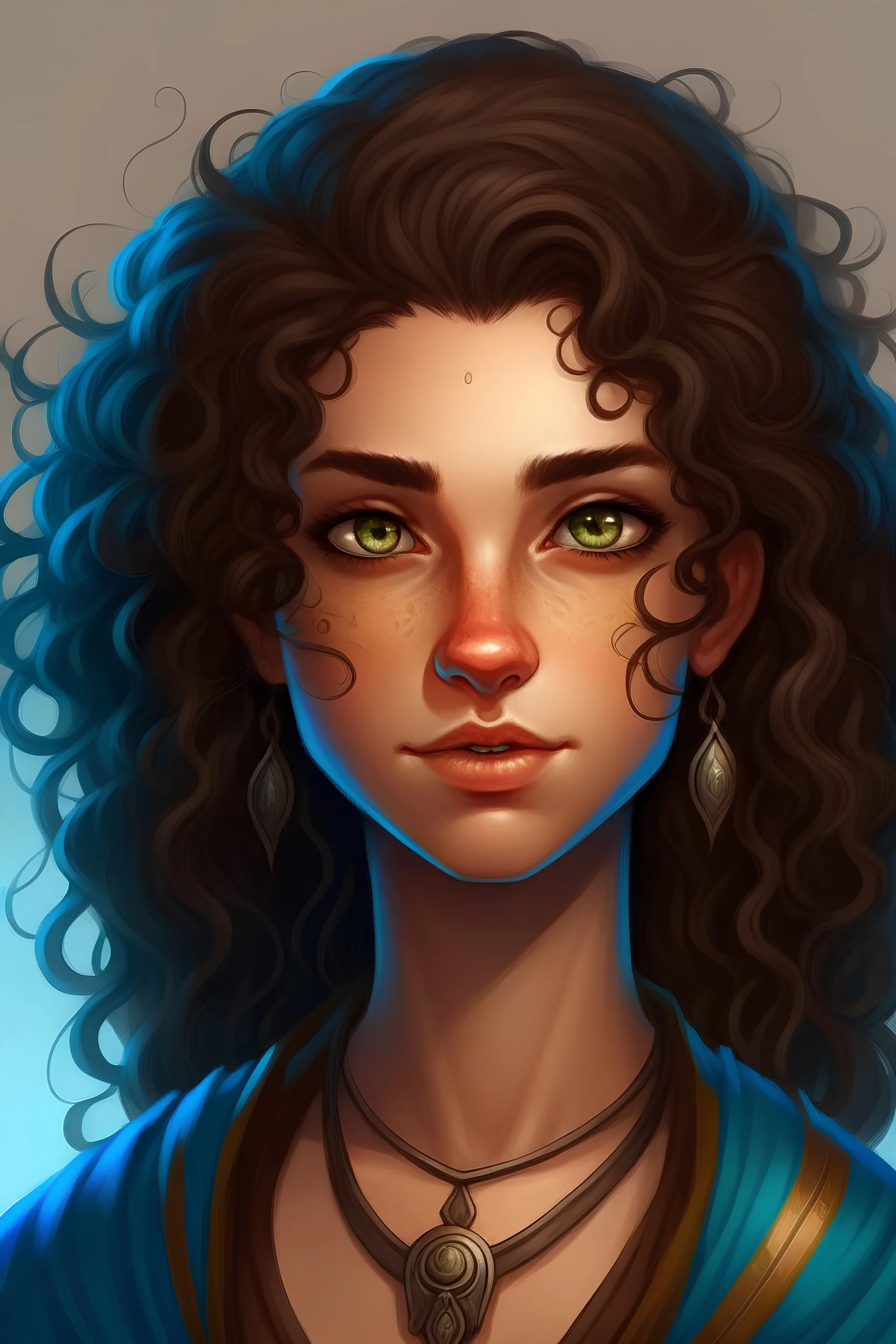 generate a portrait of a half-elf female druid with caramel colored skin, blue eyes, dark brown curly hair,