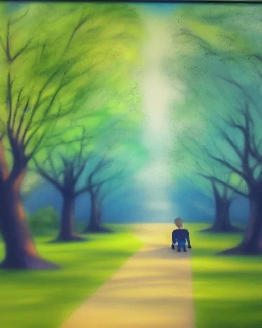 park mystical dream, park bench, man, woman, child, dog, trees, path, bird, sunshine, mystical, fantasy, romanticism, pastel colors, daylight, daytime, acrylic painting, detailed, soft focus,