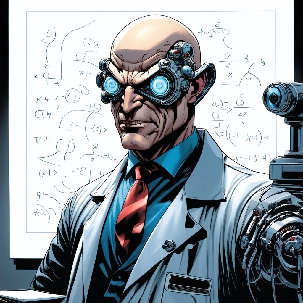 CGI gritty superhero movie still, fantastical Portrait of a smug super-villain in a lab-coat, extended bulbous frontal lobe bald head with a several different sized futuristic tech devices implanted randomly in his oblong head, super-villain, surreal, Marvel aesthetic, background is a mad-scientist's lab with formulae scrawled on a giant white-board