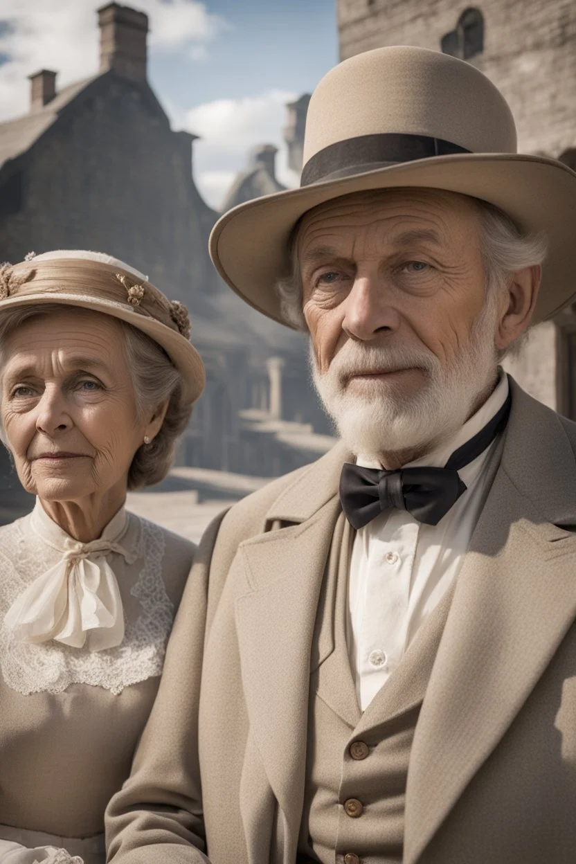 elderly married couple of sixty years old, dressed in simple 19th century attire