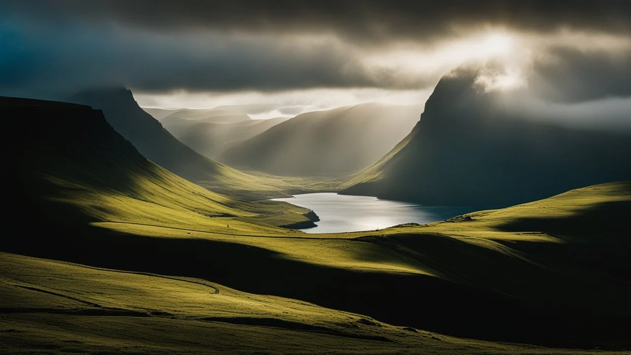 Mountainous landscape on the Faroe Islands, sunlight, chiaroscuro, awe-inspiring, beautiful composition, award-winning photograph